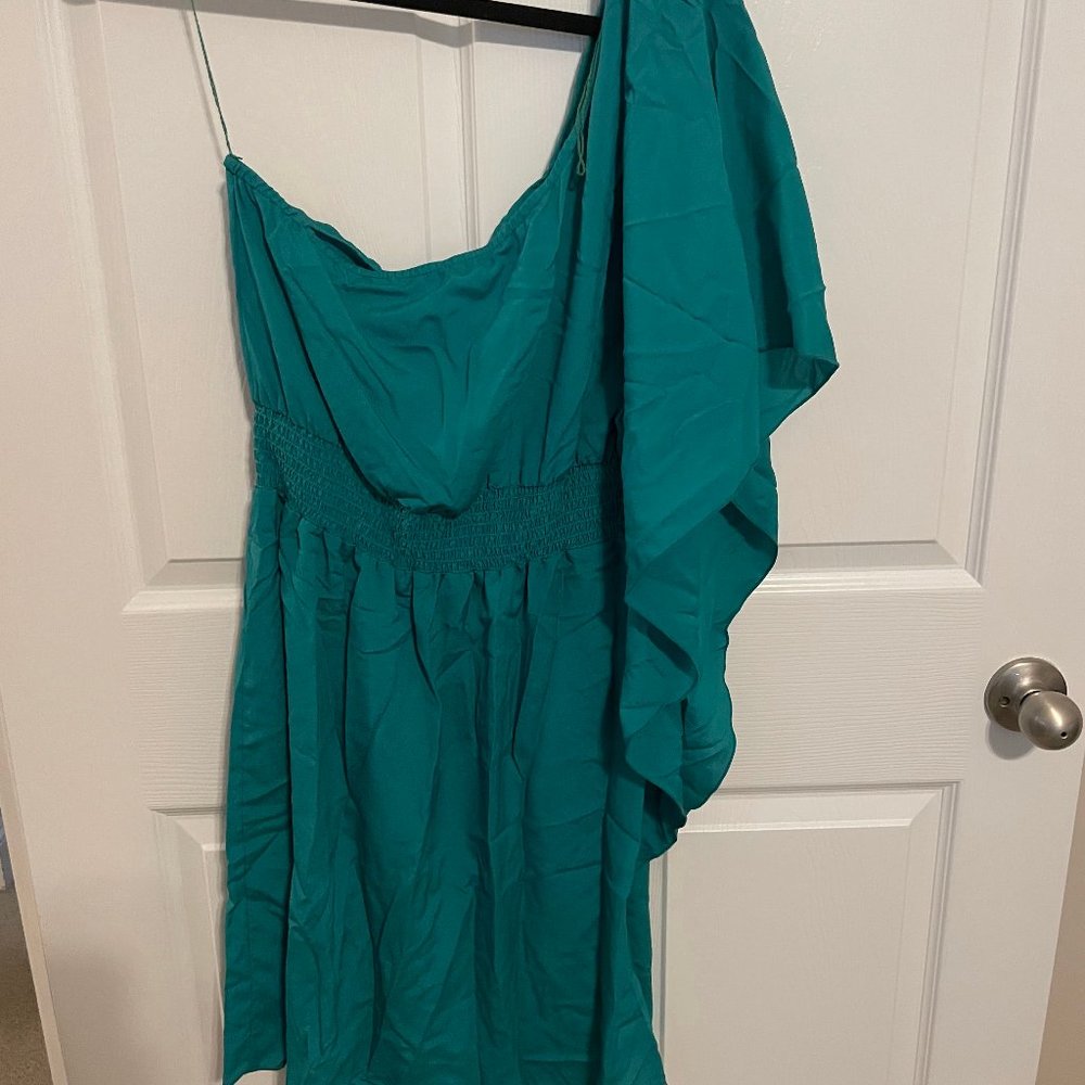 Teal One Shoulder Ruffled Dress - Picture 2 of 2